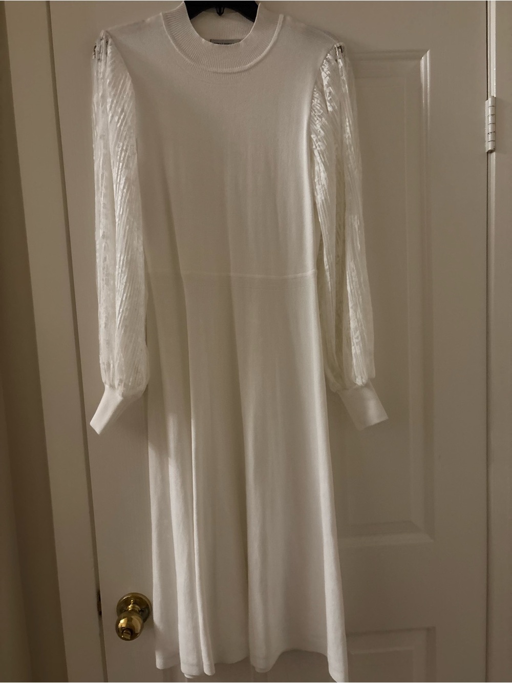 Nina Leonard Elegant White Knit Midi Dress with Sheer Pleated Sleeves, Medium